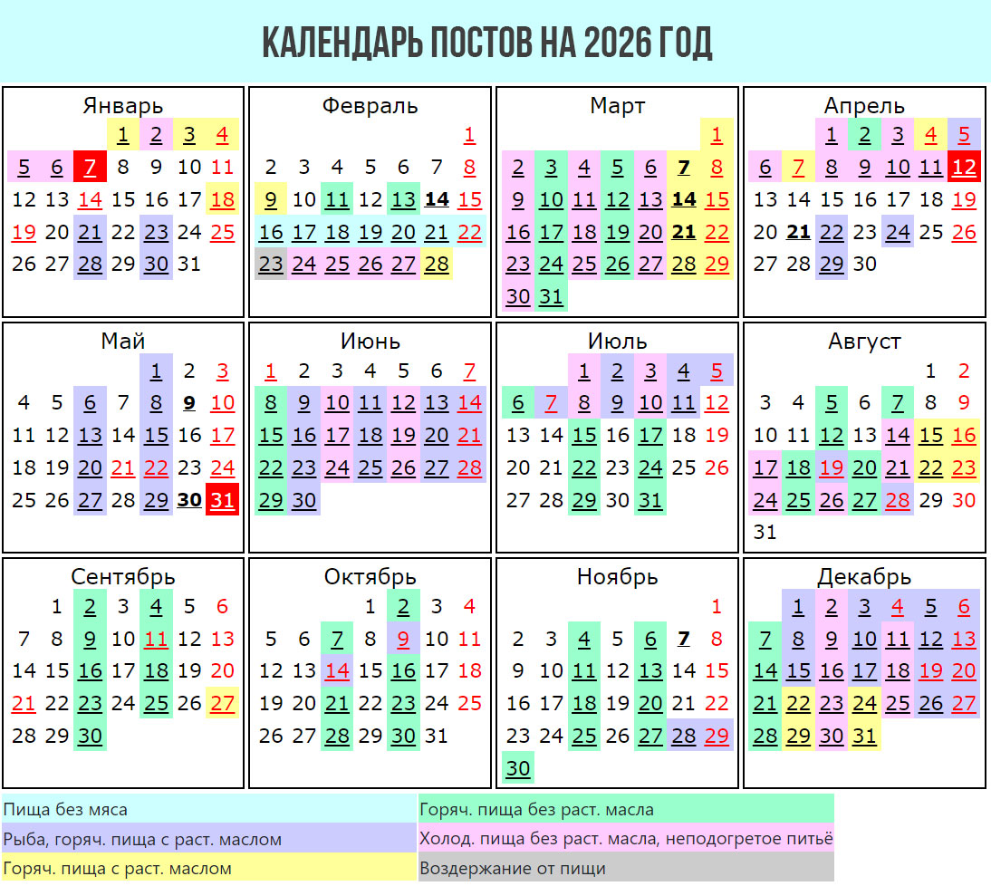 Православный (Церковный) календарь на 2026 год | с праздничными днями