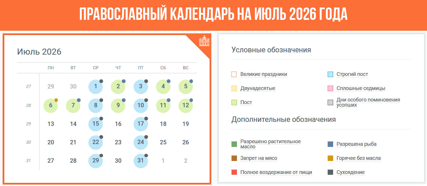 Православный календарь на июль 2026 года