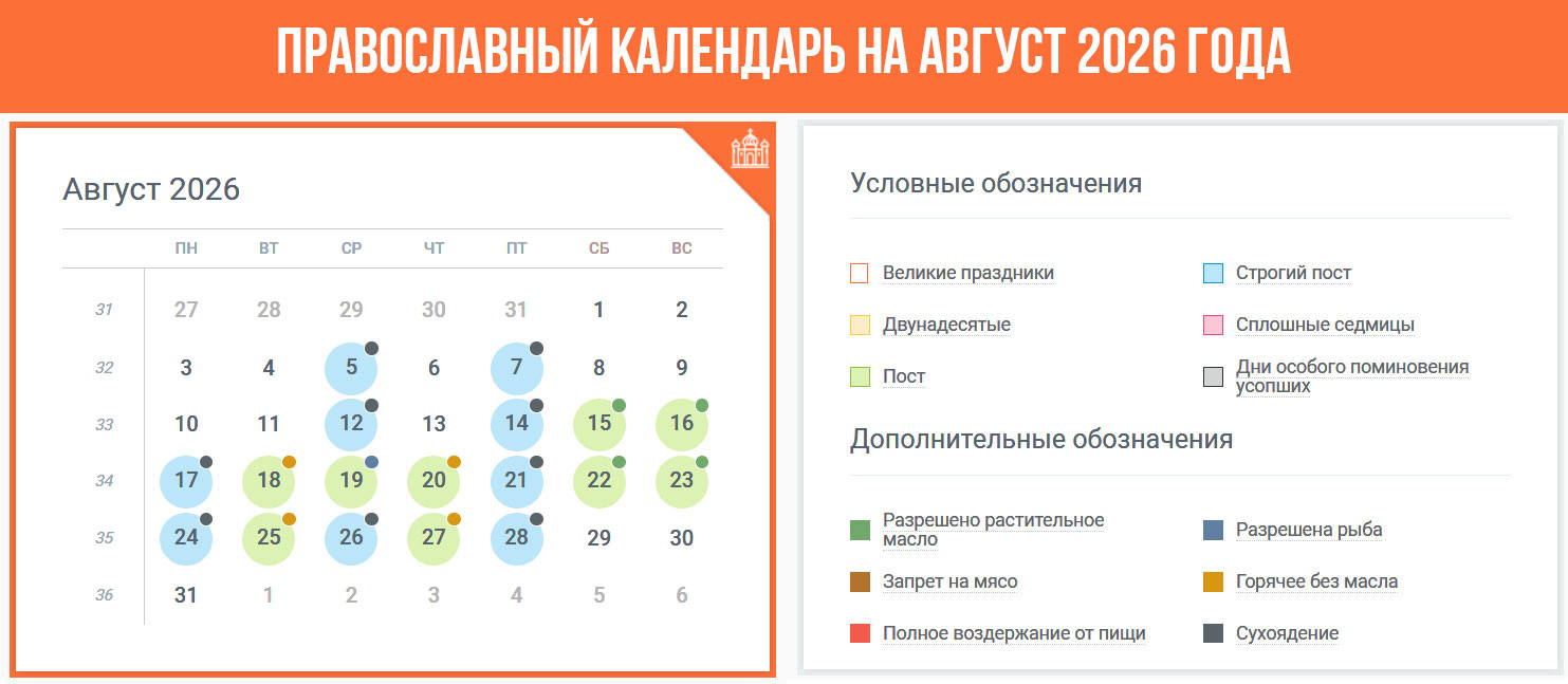 Православный календарь на август 2026 года