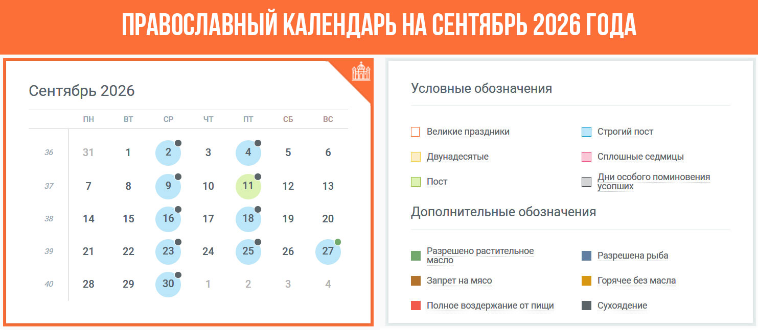 Православный календарь на сентябрь 2026 года