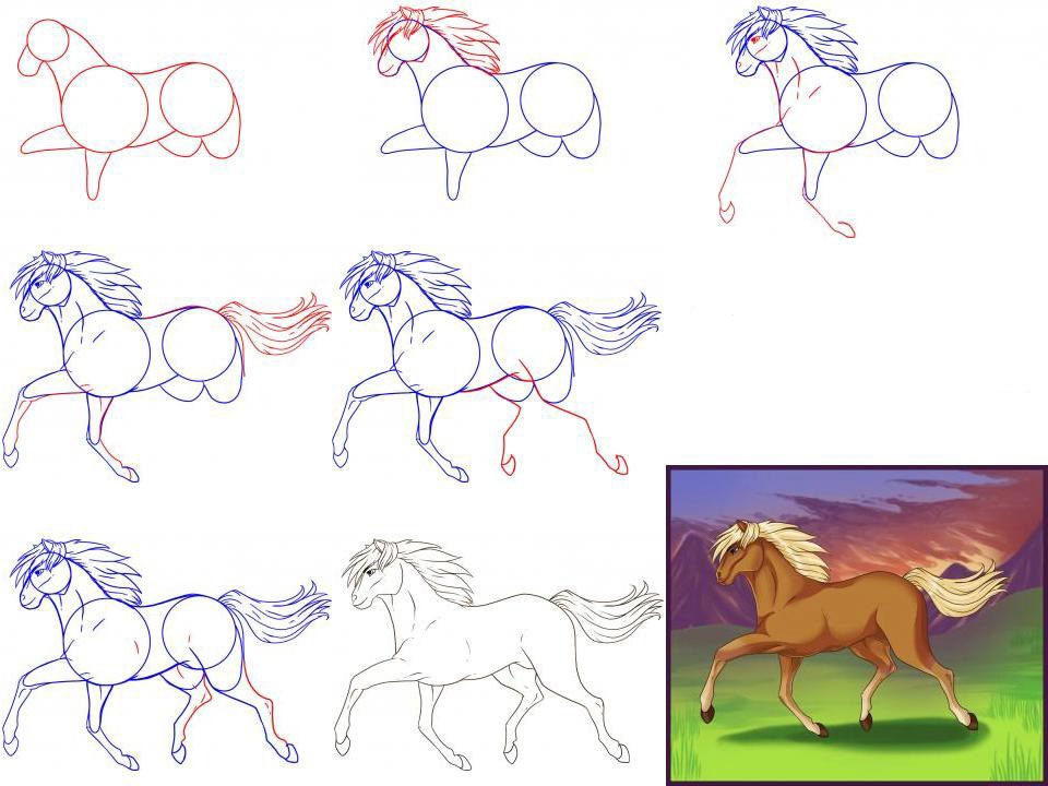 Поэтапный рисунок Коня