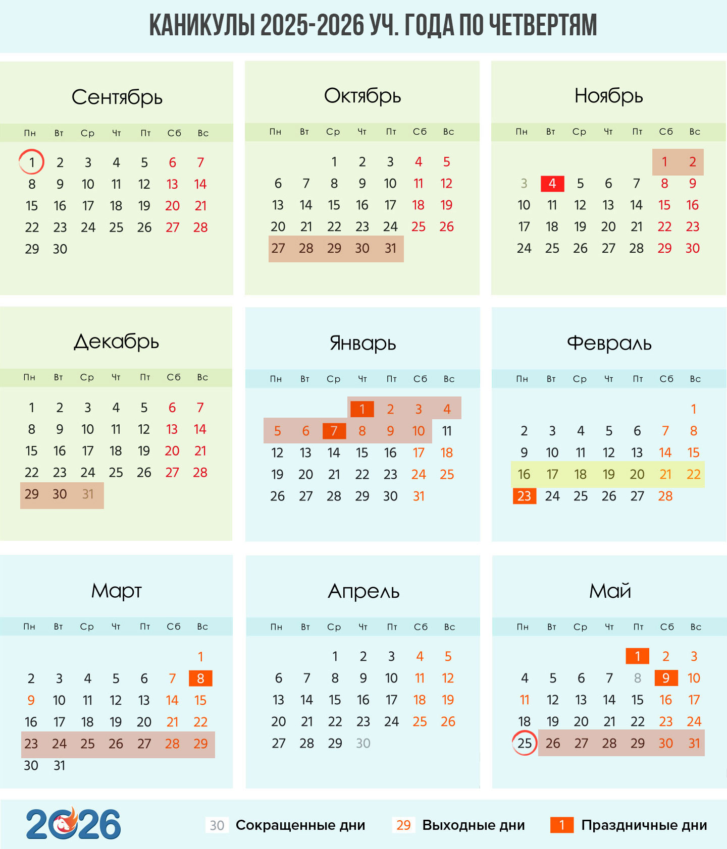 Календарь каникул по четвертям на 2025-2026 учебный год