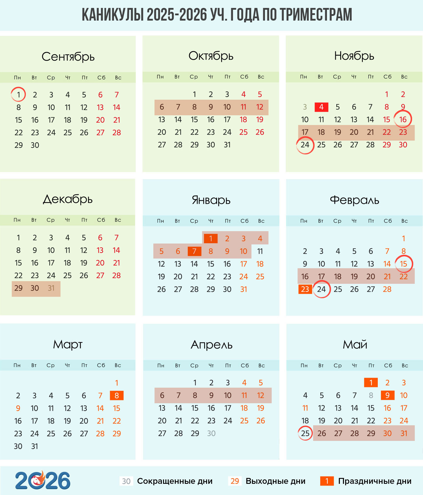 Календарь каникул по триместрам на 2025-2026 учебный год