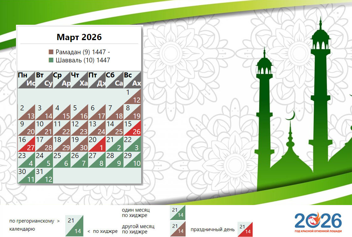 Мусульманский календарь на март 2026 года