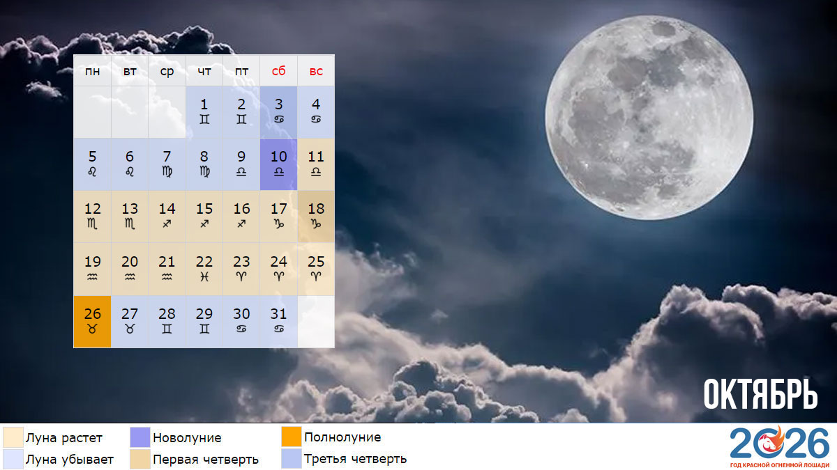Лунный календарь на октябрь 2026 года