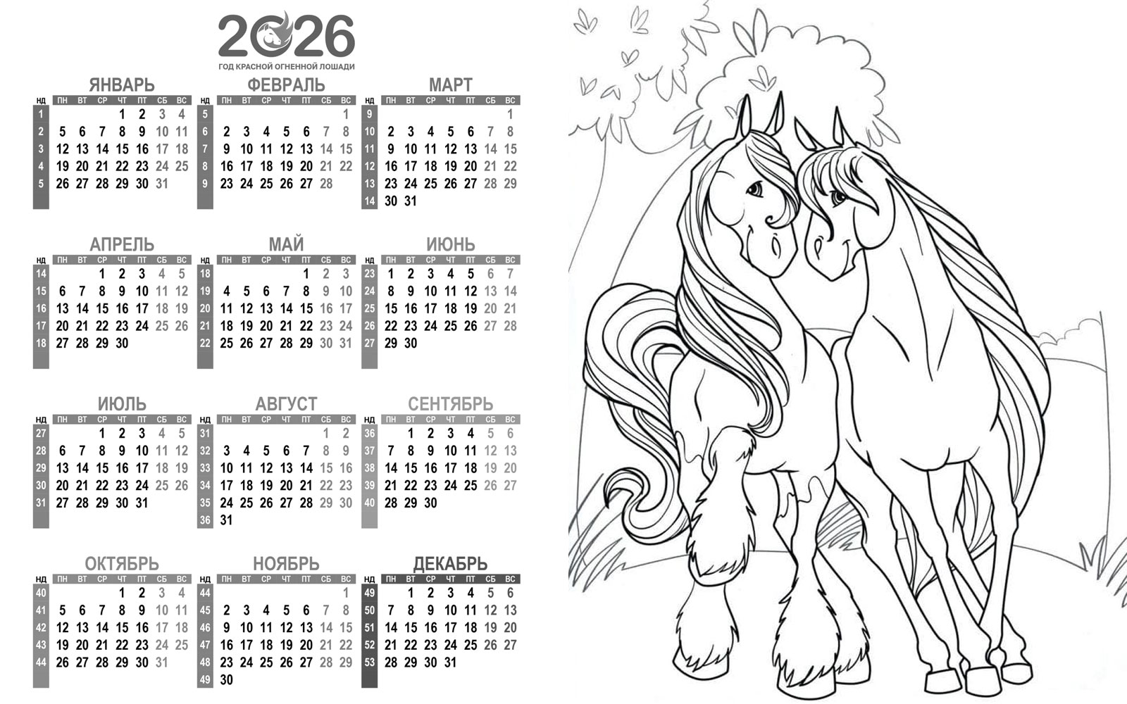 Календарь раскраска на 2026 год с лошадками