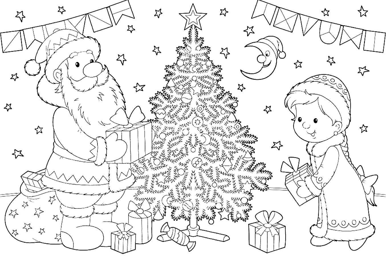 Раскраска новогодняя Дед Мороз и елочка
